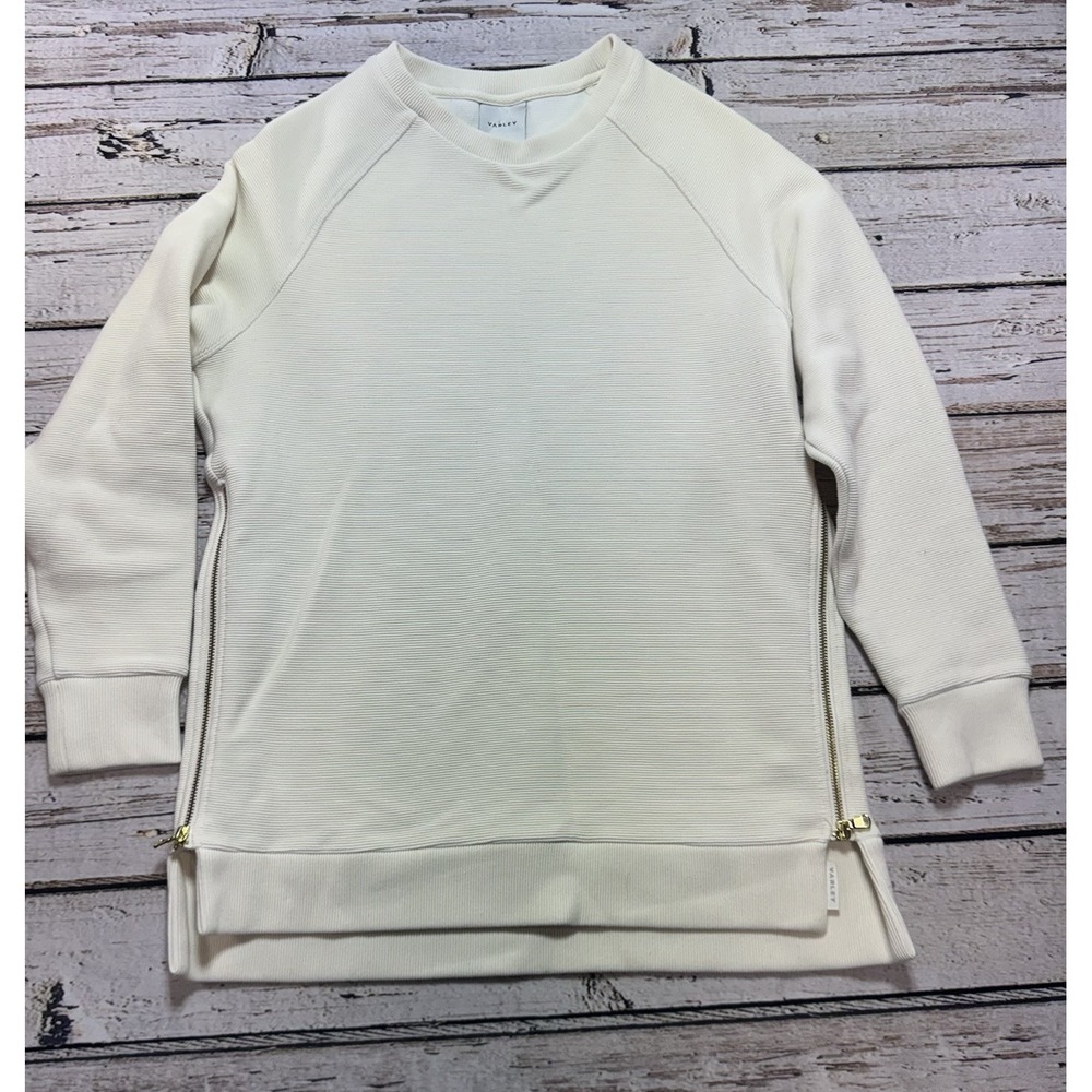 Varley Manning Sweatshirt Womens M Ivory Ribbed Side Zip Crew Neck Pullover EUC